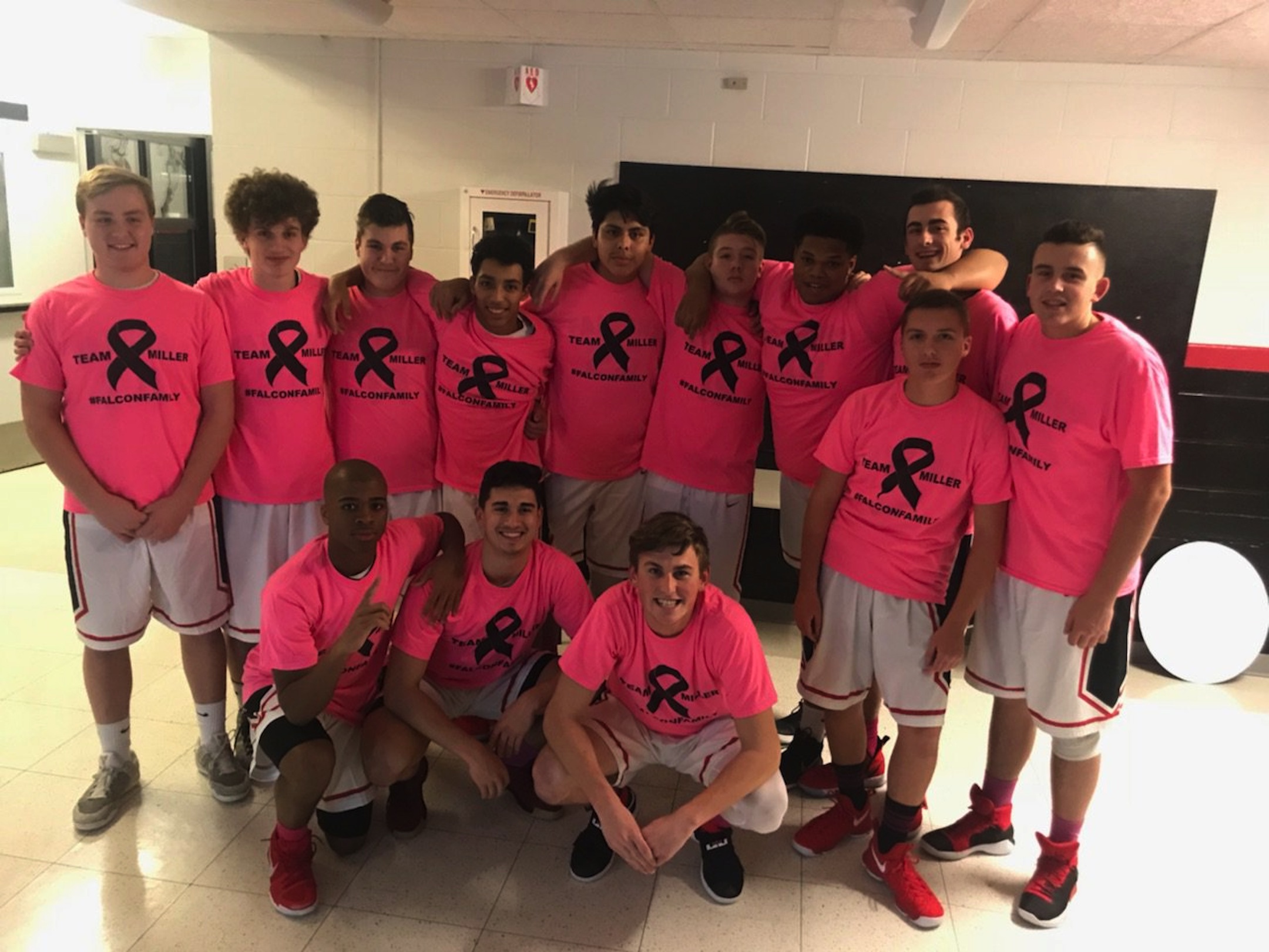 The Niagara-Wheatfield boys basketball team wearing their pink warm ups that will be donned Tuesday night vs. Lewiston-Porter. 